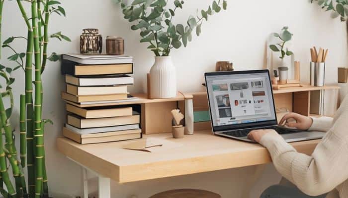 A person sitting at a home office desk and using a laptop