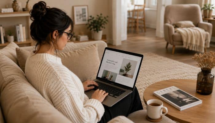 A young woman with dark hair and glasses is sitting on a cozy beige sofa, browsing on her laptop.
